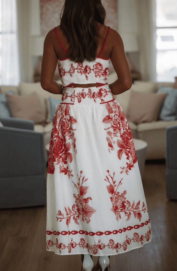 Hazel & Olive VIST53387 Bloom Theory Crop Top and Maxi Skirt - White and Red