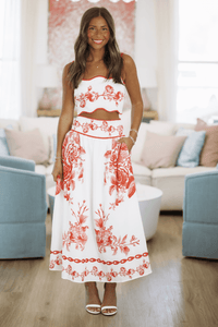 Hazel & Olive VIST53387 Bloom Theory Crop Top and Maxi Skirt - White and Red