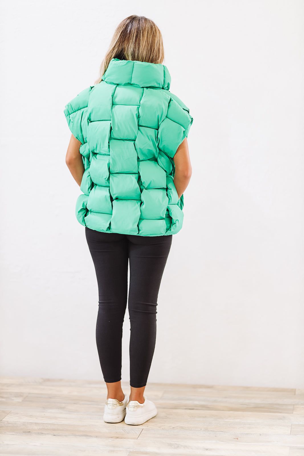 Woven Checks Puffer Vest - Kelly Green-HAZEL & OLIVE-Small-