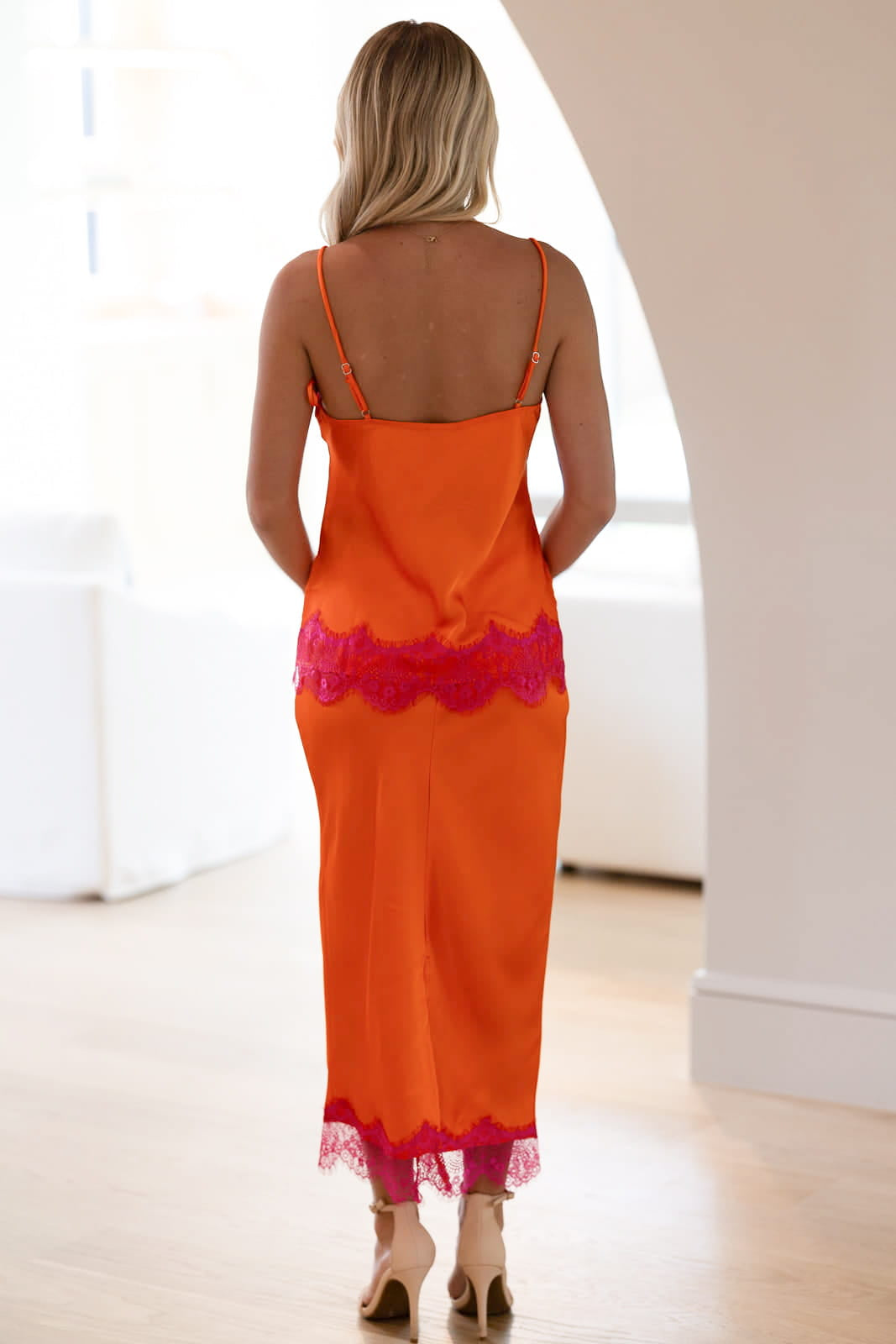 ST5838 A Sunset Paradise Top and Midi Skirt Set - Orange and Fuchsia