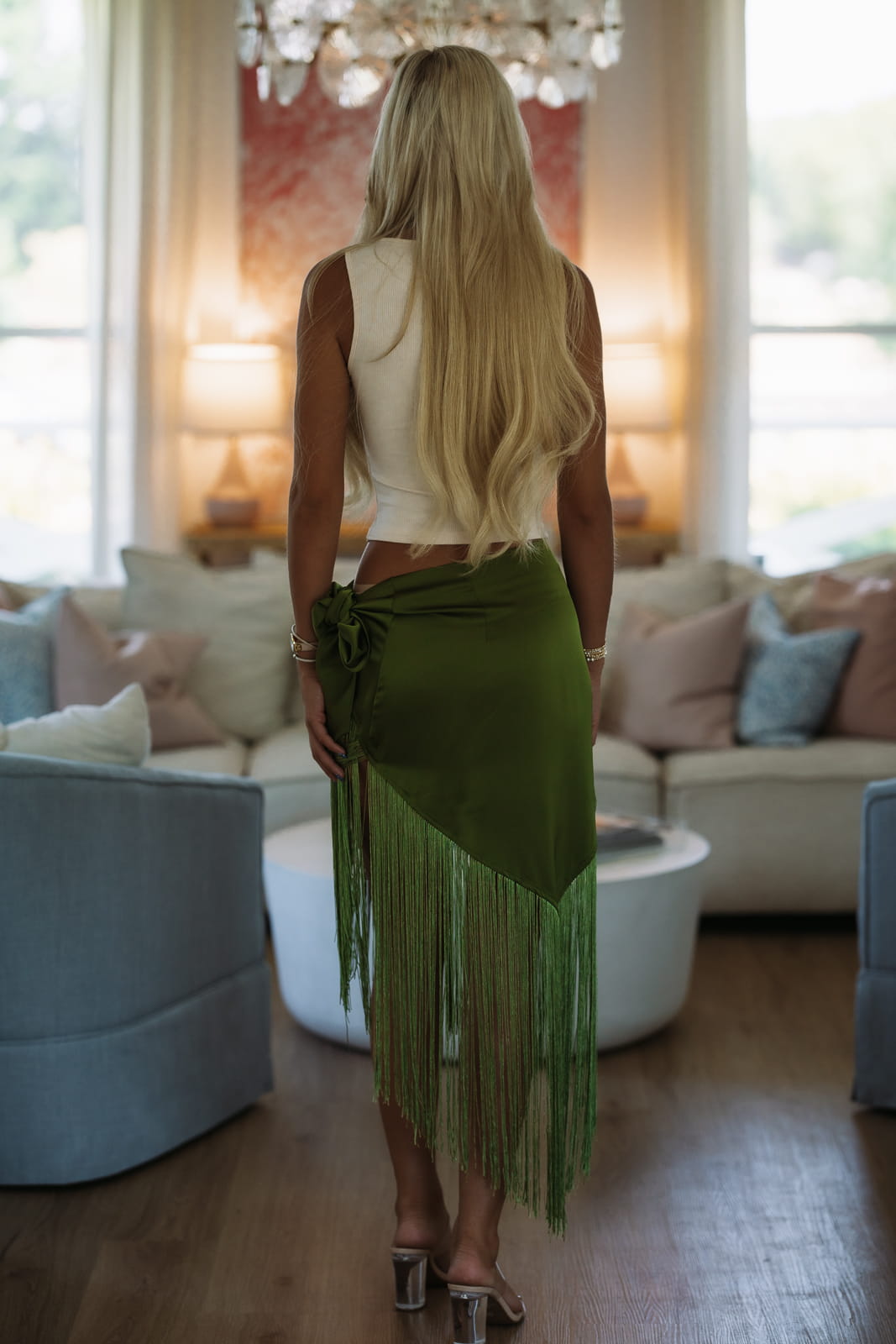 V162901 Take Me West Wrap Fringe Skirt - Olive Green