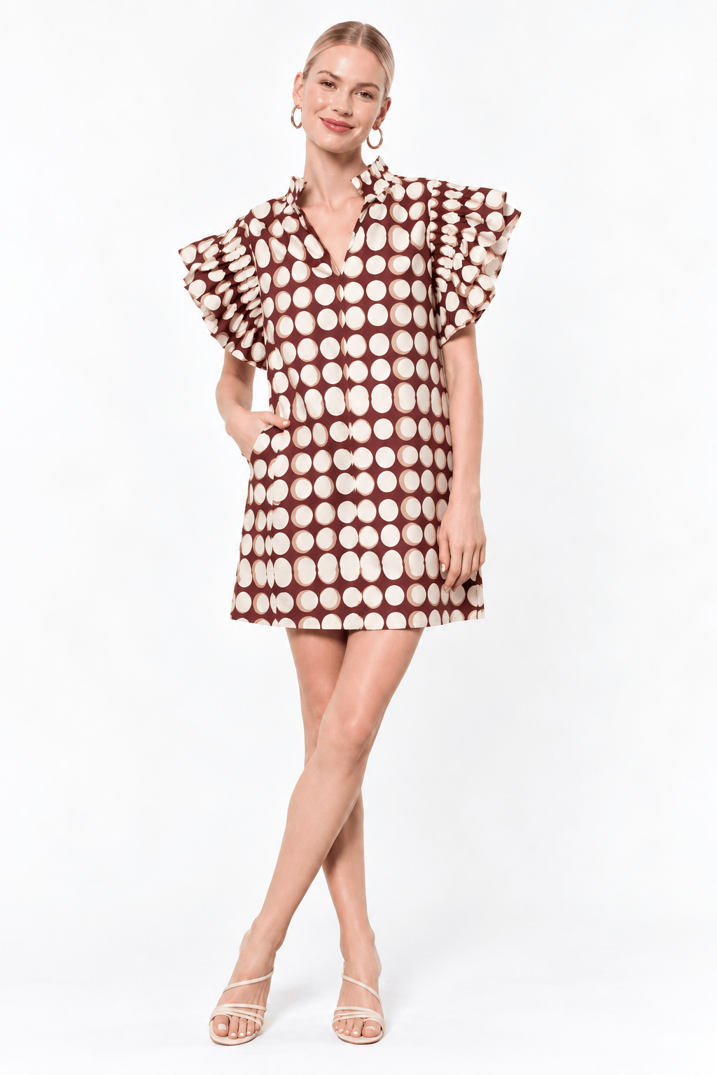 WCT3724 She's Chic Mini Dress - Cream and Burgundy