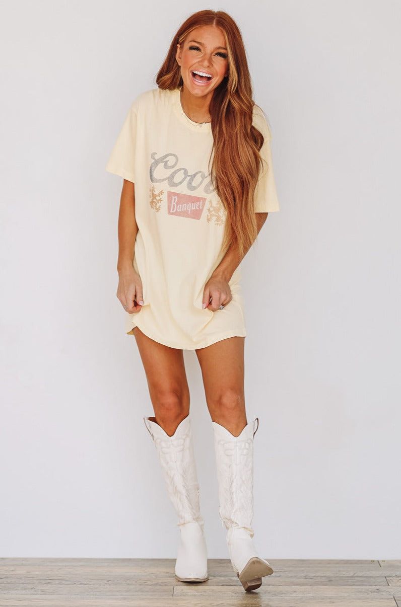 Coors Banquet Graphic Tee / T-shirt Dress - Muted Yellow-HAZEL & OLIVE-Large-
