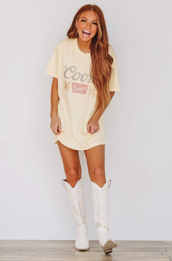 Coors Banquet Graphic Tee / T-shirt Dress - Muted Yellow-HAZEL & OLIVE-Large-