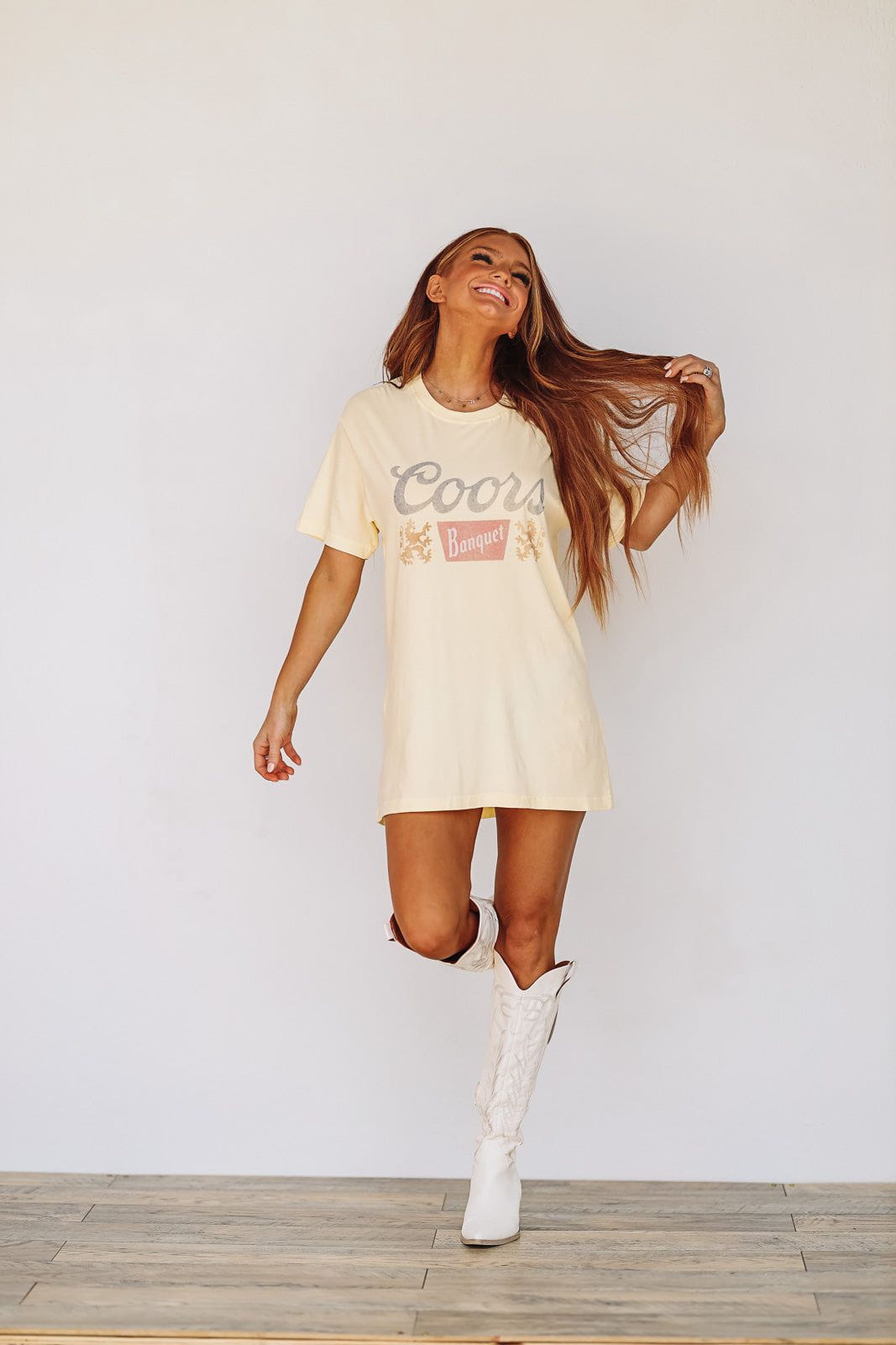Coors Banquet Graphic Tee / T-shirt Dress - Muted Yellow-HAZEL & OLIVE-Large-