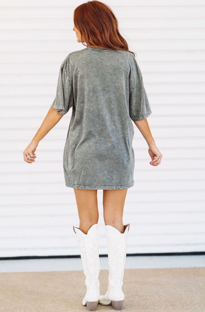 Cowboy Take Me Away Country Graphic Tee - T Shirt Dress - Mineral Wash Gray-Hazel & Olive-Large-