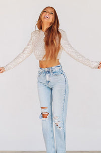 Like a Boss Sequin and Pearl Crop Top - Cream-HAZEL & OLIVE-Small-